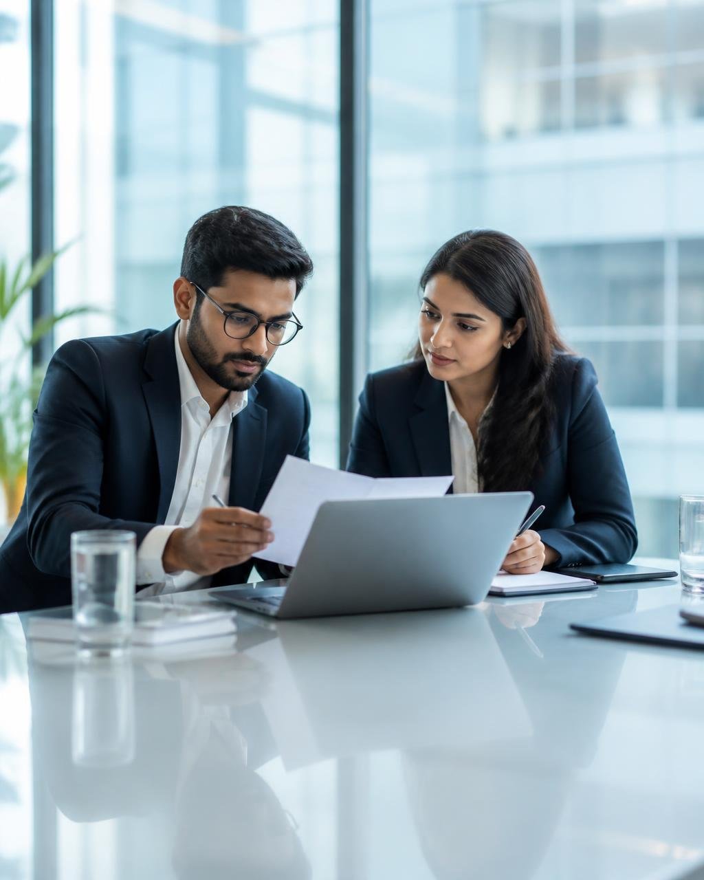 RNM & Co. advisors reviewing documents together in a modern office